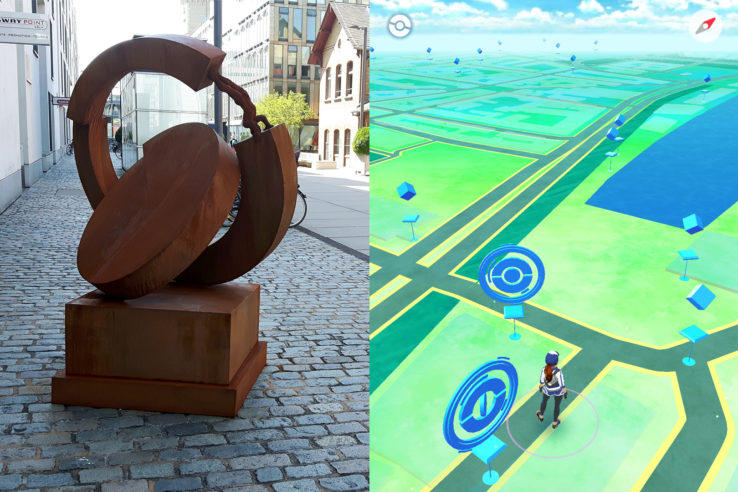 Eine kreisförmige Skulptur, die wie ein Pokestop im Spiel "Pokemon Go" aussieht. Foto/Screenshot: Vera Lisakowski